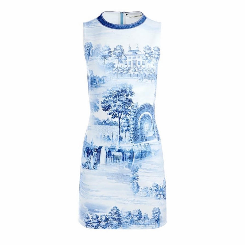 NWT Alice + Olivia Wynell Chateau A Line Mini Dress Blue Toile De Jouy Floral 6